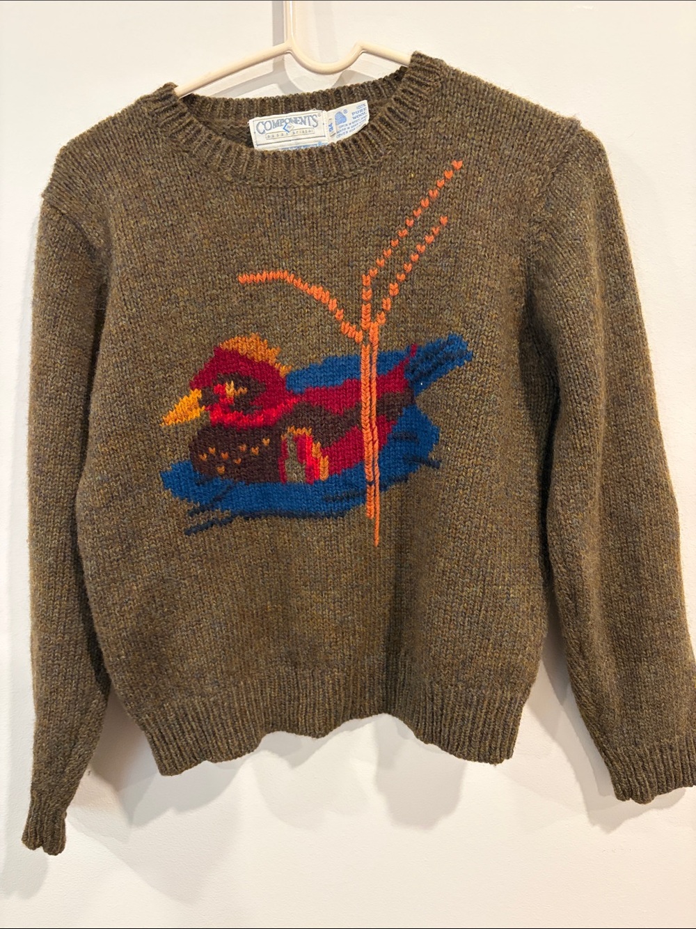 Olive Wool Bird Intarsia Crewneck Sweater